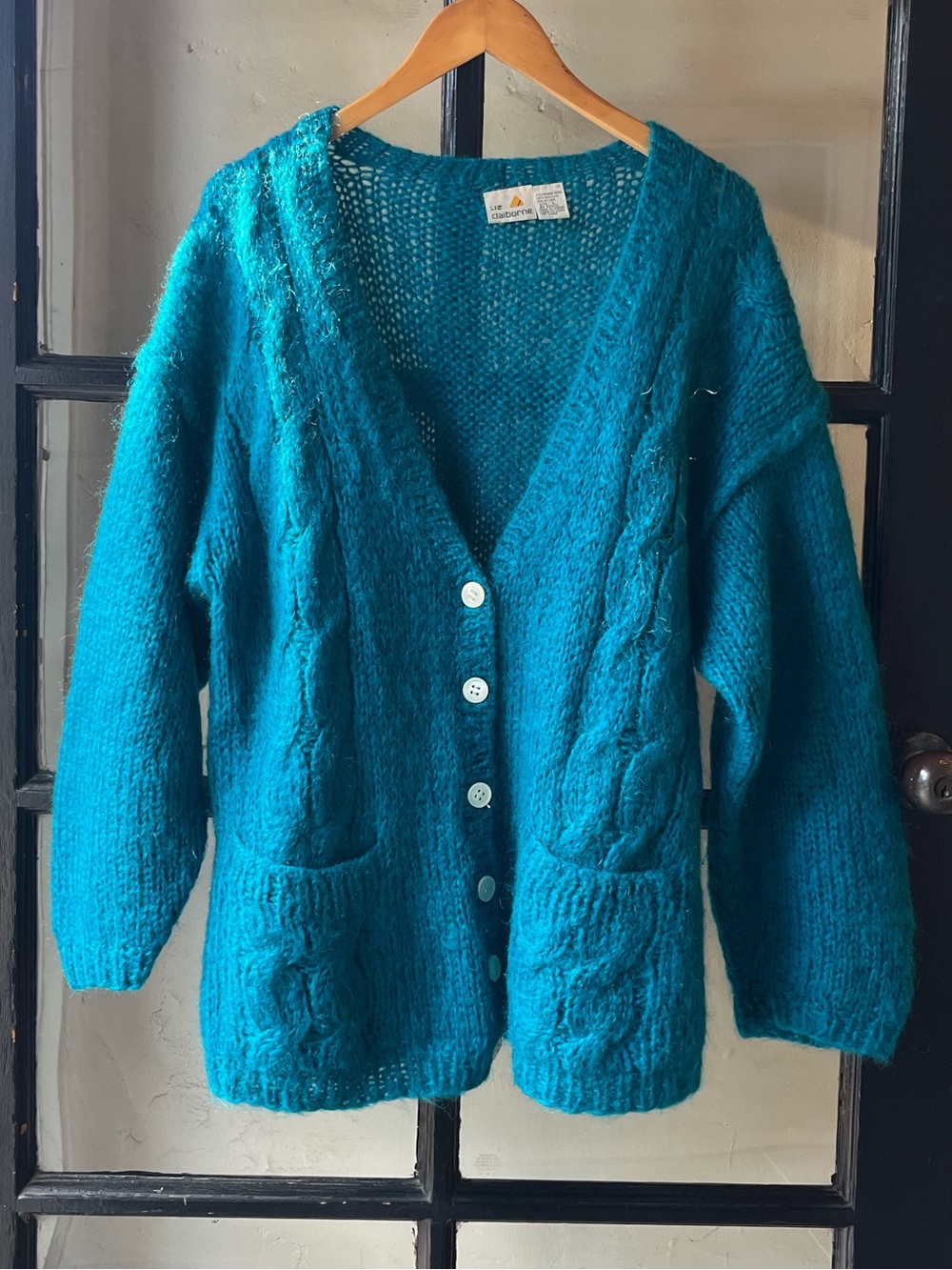 Fabulous Vintage 80’s 90’s Liz Claiborne Teal Mohair Blend Cable Knit Cardigan
